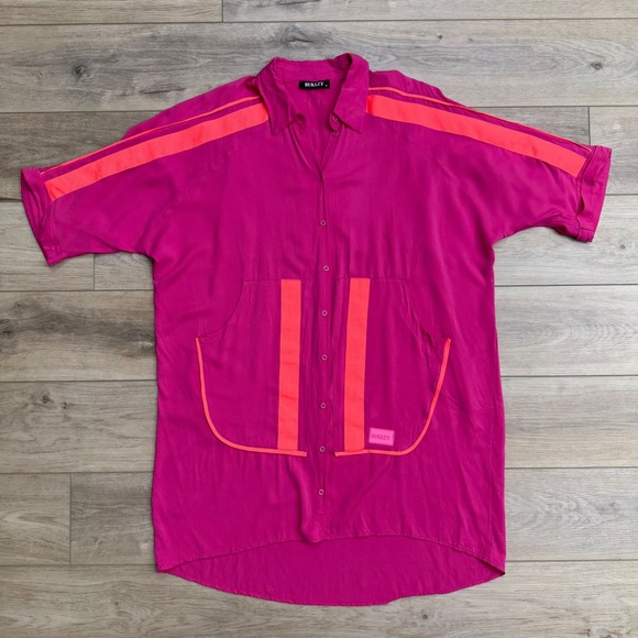BUKEZY Tops - BUKEZY Pink Neon Trim Oversized Shirt Dress Tunic Button Down Streetwear